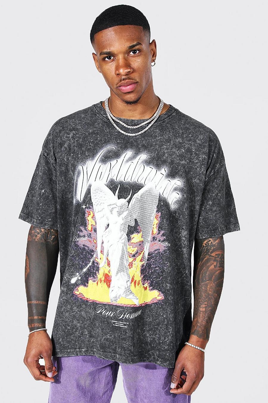 Camiseta oversize con lavado de ácido y estampado de Tour, Charcoal image number 1