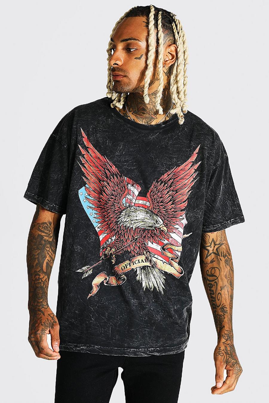 Charcoal grey Oversized Eagle Graphic Acid Wash T-shirt image number 1