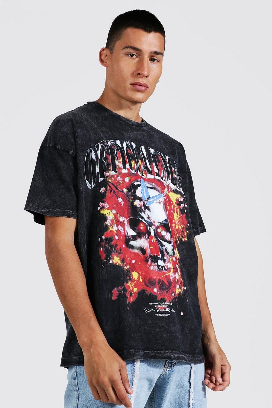 Charcoal Oversize t-shirt med stentvättad effekt och dödskalle image number 1