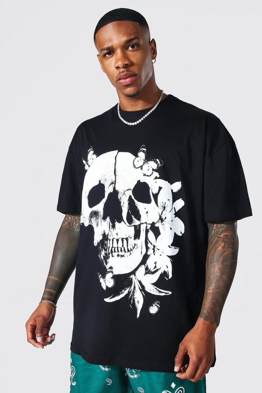 Black Oversized Skull Graphic T-Shirt image number 1