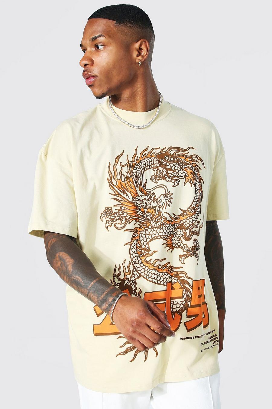 Sand Oversized Dragon T-Shirt Met Brede Nek image number 1