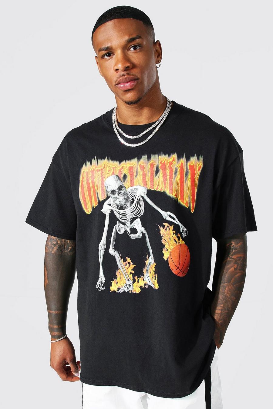 Camiseta oversize de baloncesto con estampado de esqueleto, Black image number 1