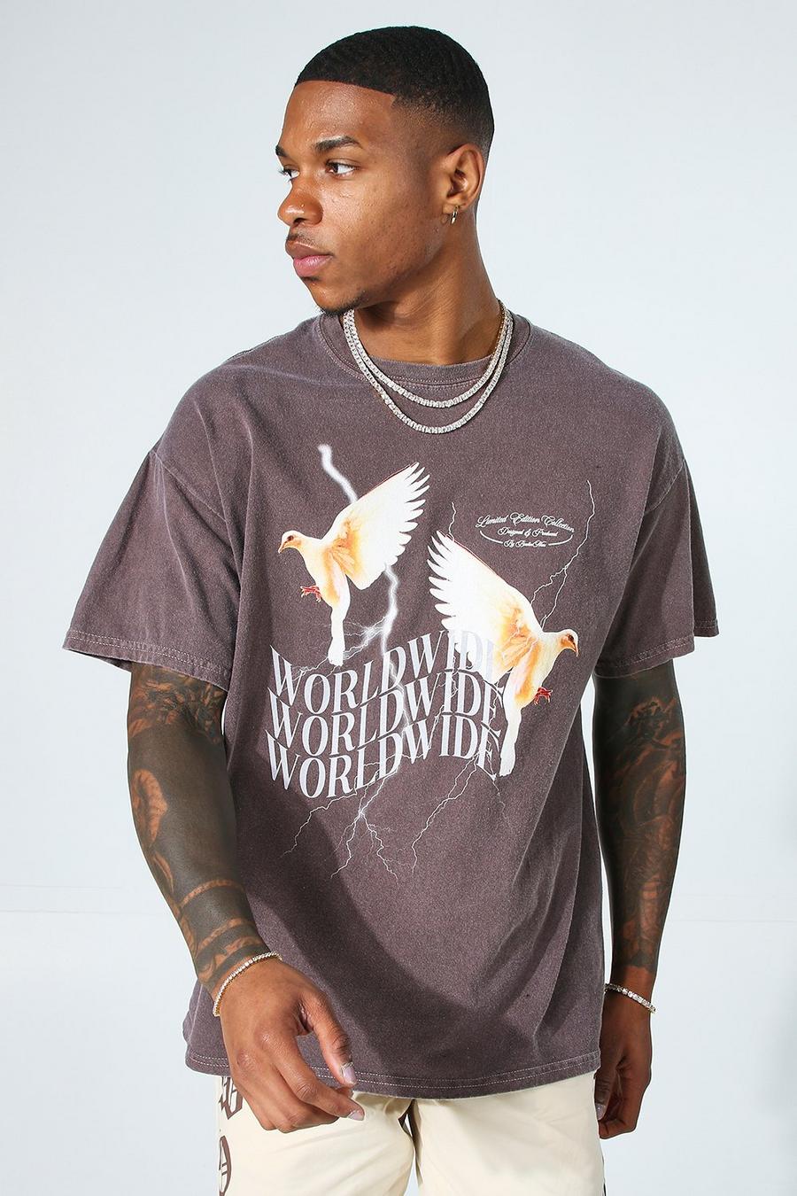 Camiseta oversize sobreteñida con estampado gráfico de paloma, Brown image number 1