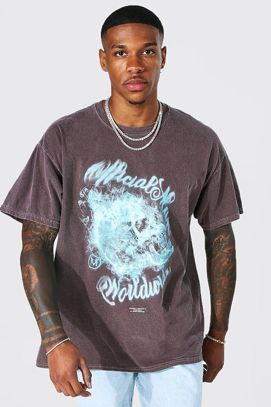 Brown Oversized Overdyed Skull Graphic T-shirt image number 1