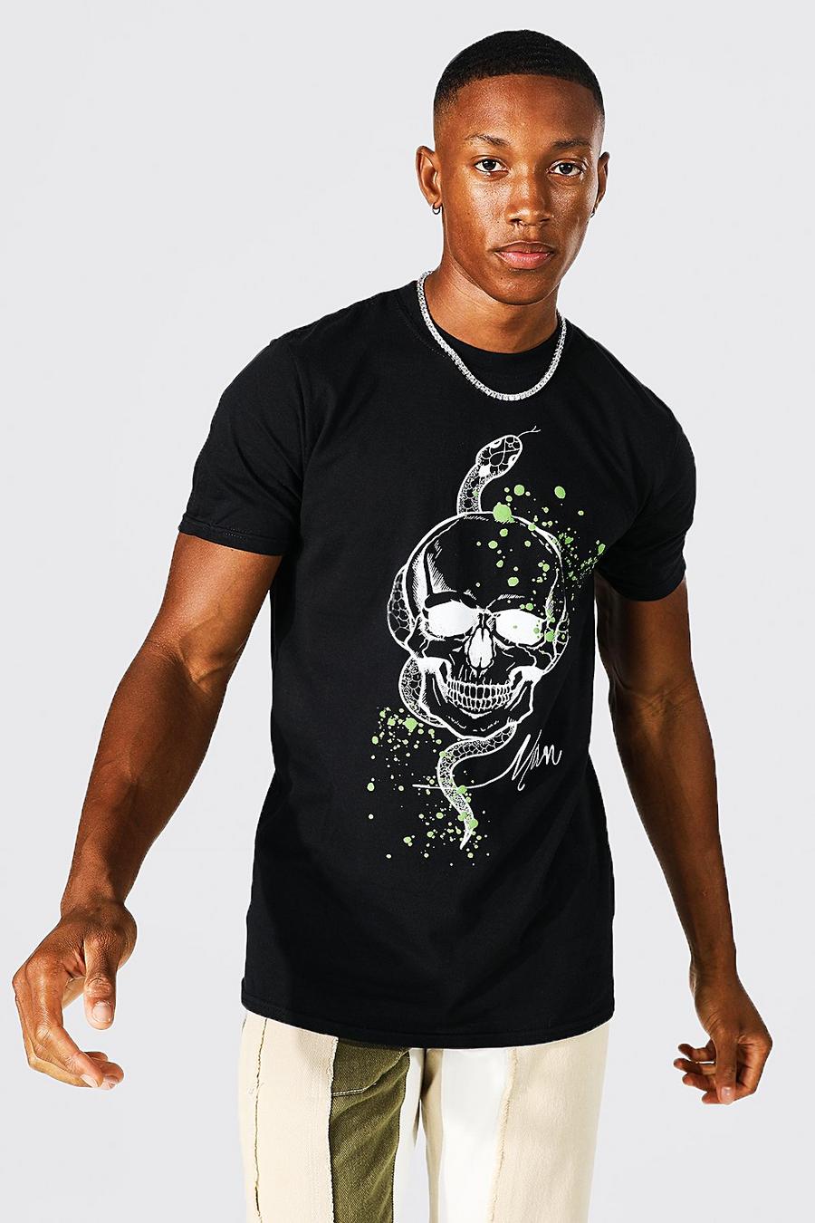 T-shirt Man con teschio e schizzi di colore, Black image number 1