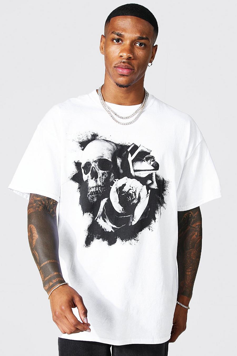 White Oversized Floral Skull Graphic T-Shirt image number 1