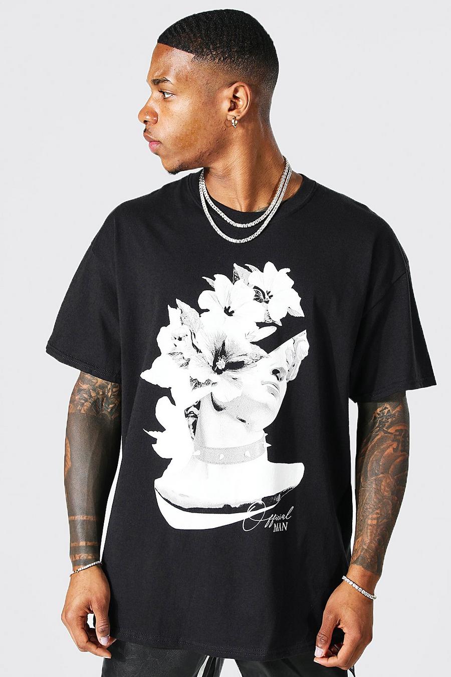 T-shirt oversize a maniche lunghe con stampa di statua e fiori, Black negro