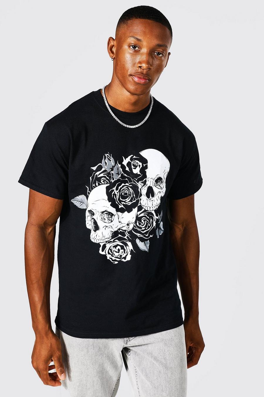 Black Floral Skull Graphic T-Shirt image number 1