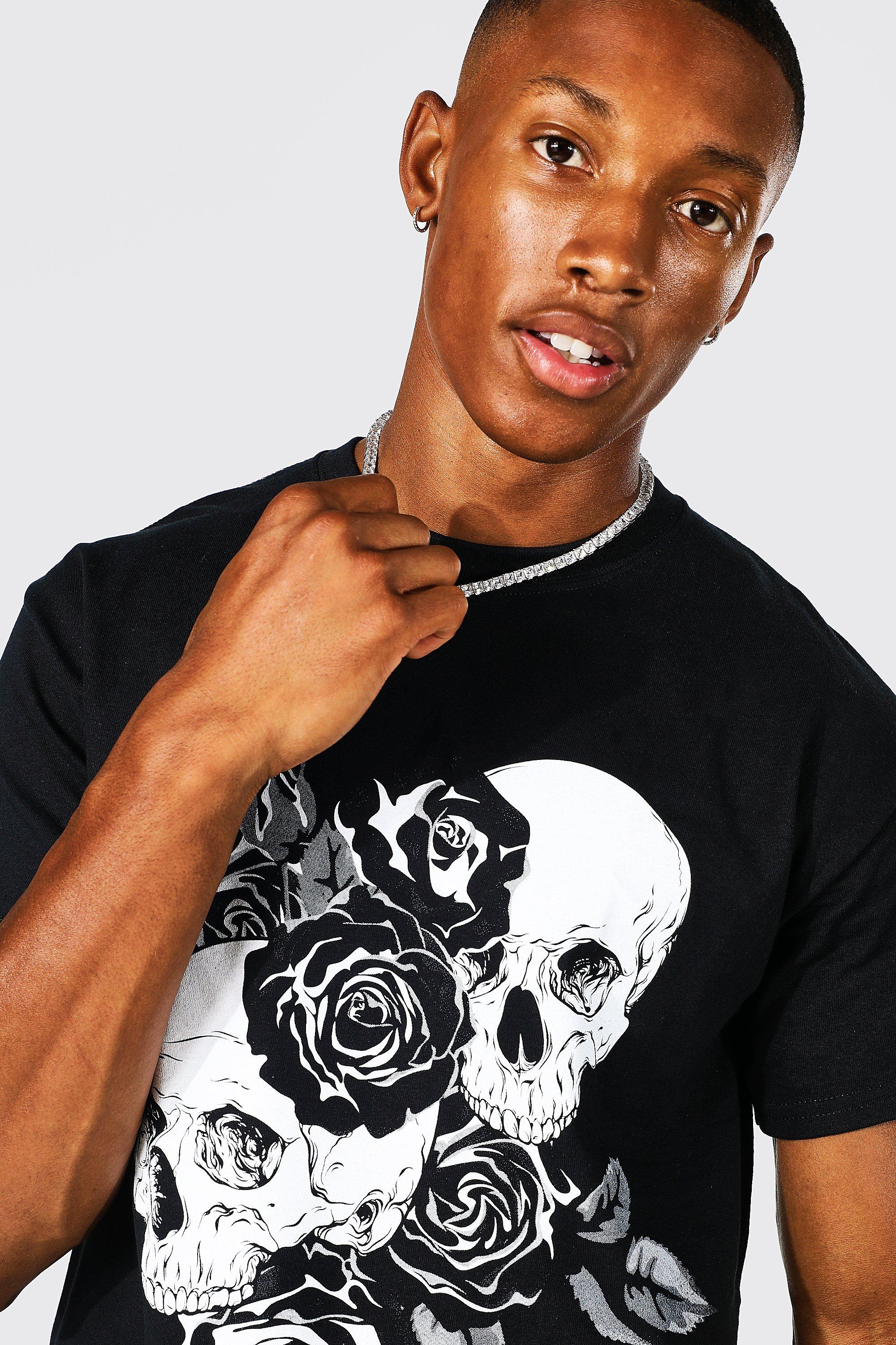 boohoo Men's Oversized Floral Skull Back Graphic T-Shirt - Black