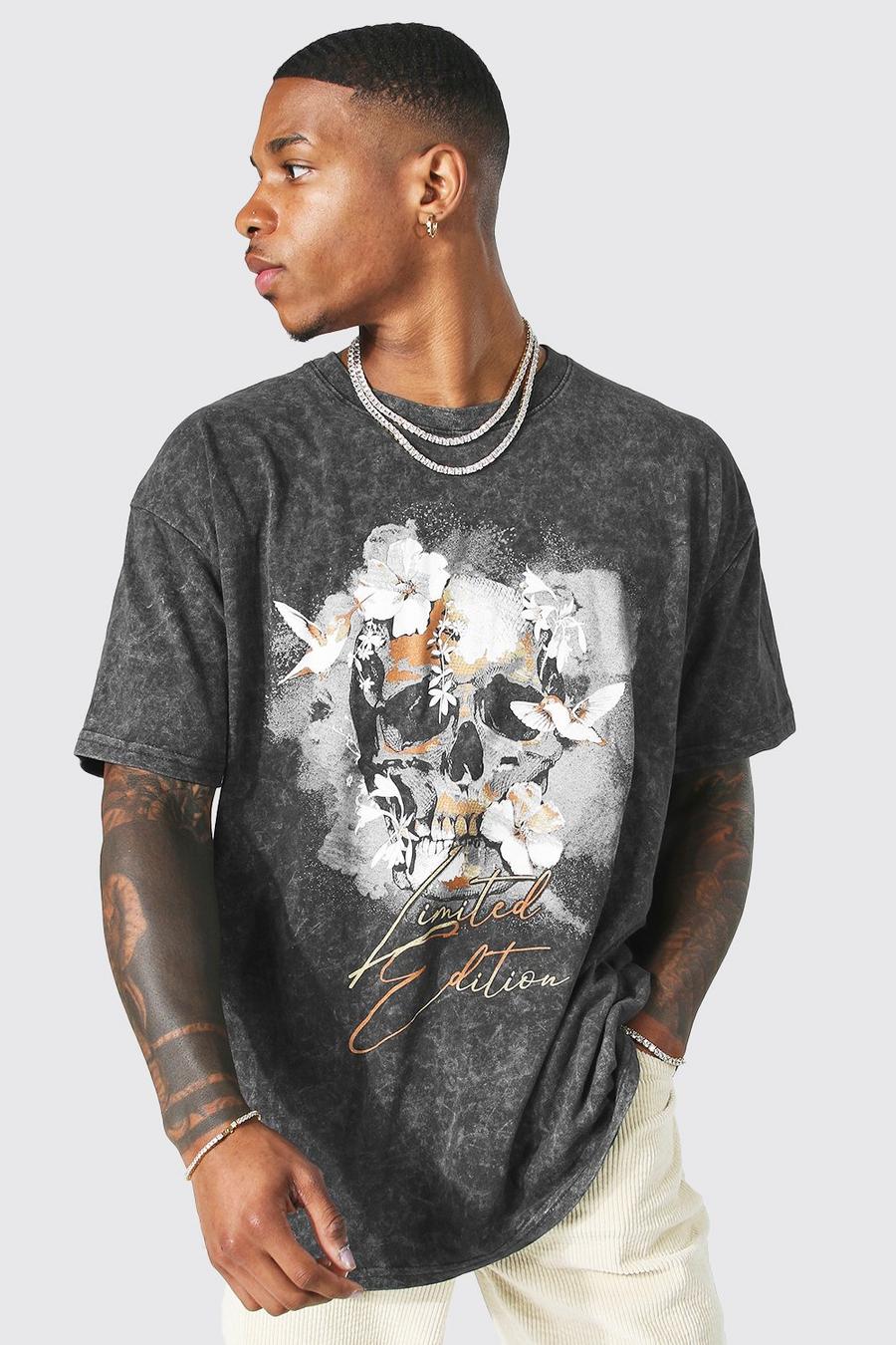 Camiseta oversize con lavado de ácido y estampado gráfico de calavera, Charcoal image number 1