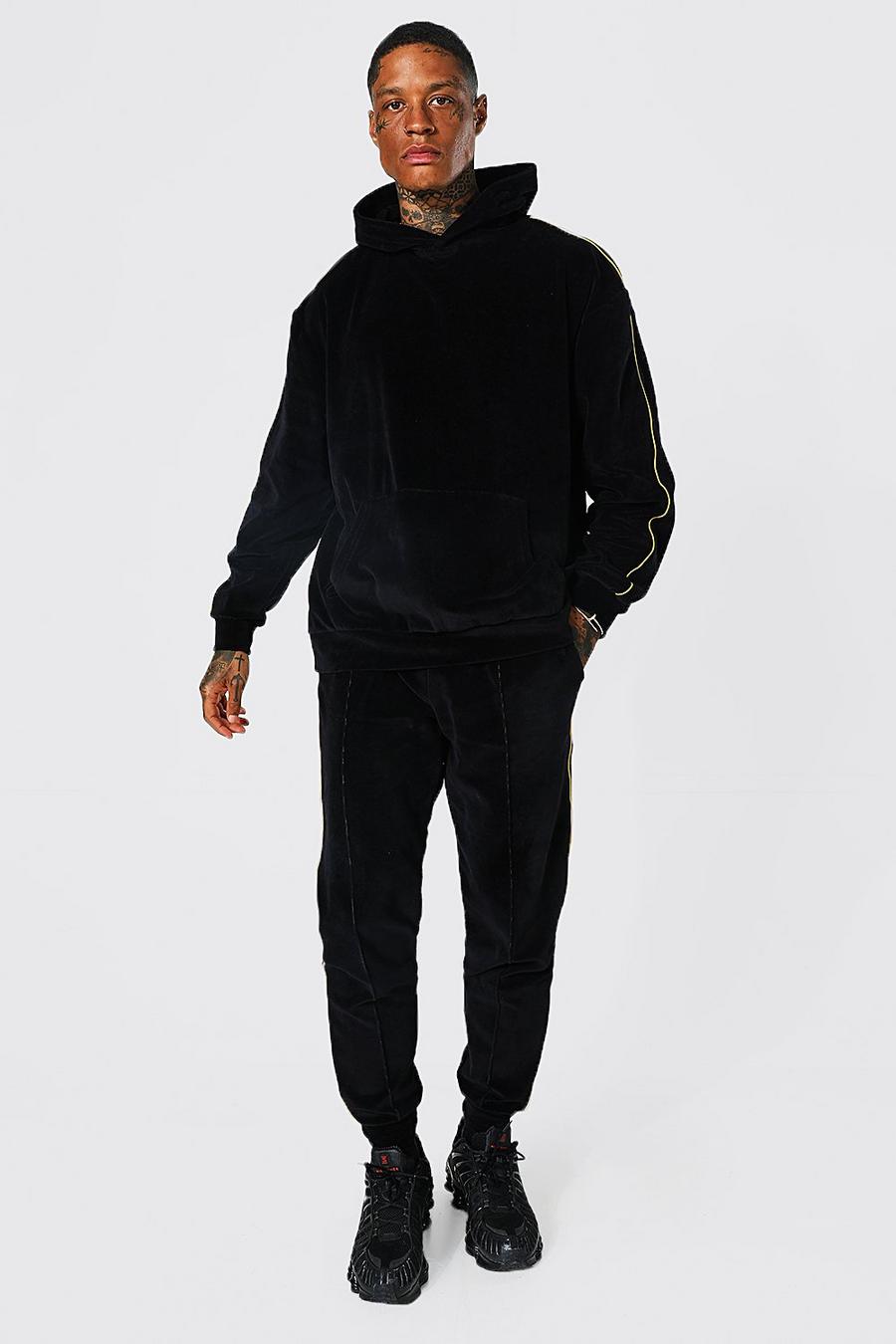 Black Oversized Piping Velour Hooded Tracksuit image number 1