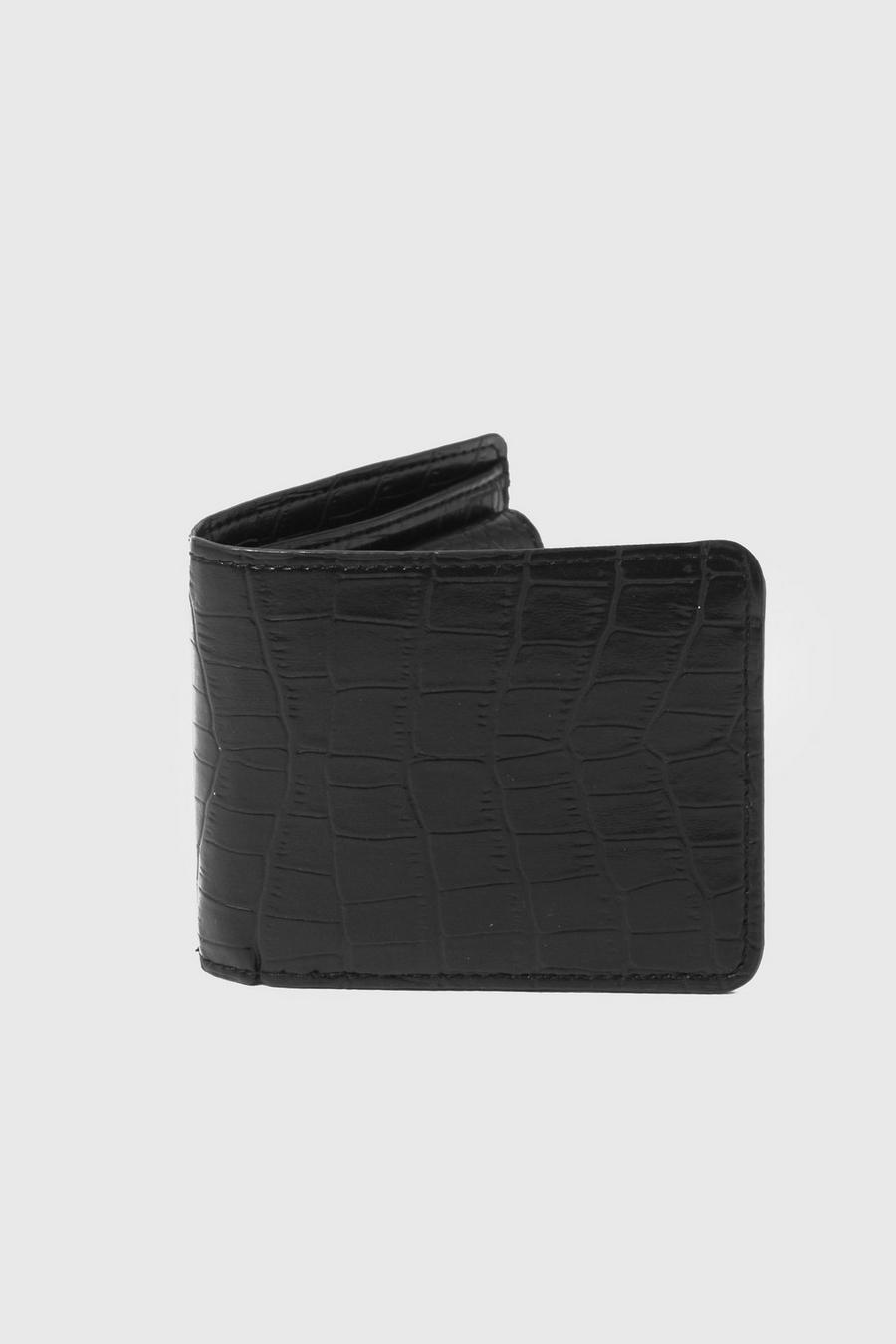 Black Leather Look Croc Bifold Wallet image number 1