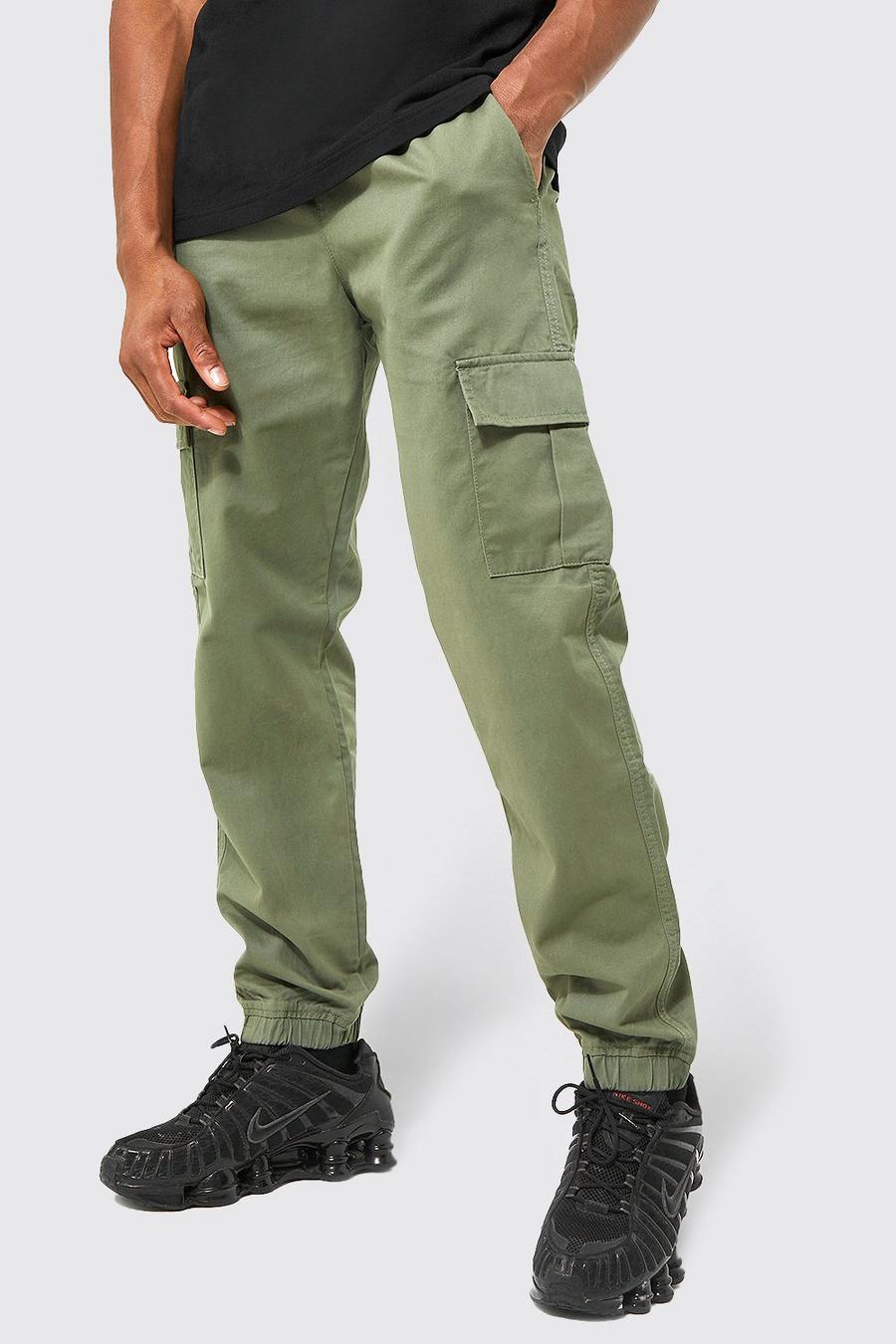 Khaki Elastic Waist Slim Fit Cargo Trouser