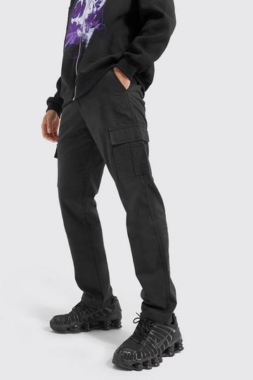 Black Fixed Waist Straight Leg Twill Cargo Trouser