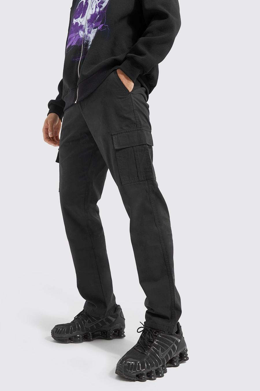 Pantaloni Cargo dritti in twill con vita elasticizzata, Black negro