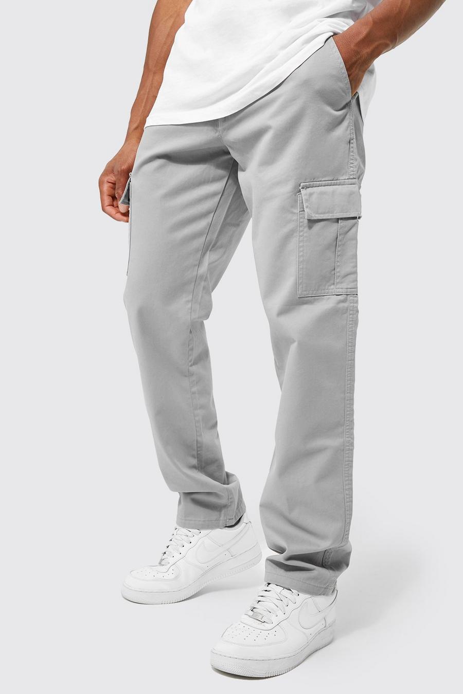 Grey grau Fixed Waist Straight Leg Twill Cargo Trouser