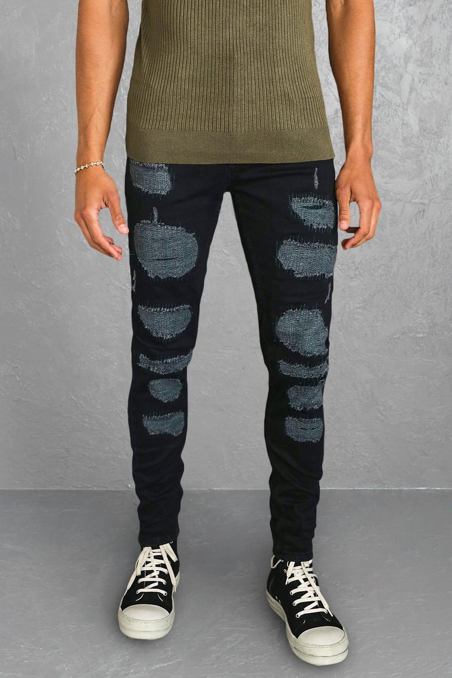 שחור אמיתי סקיני ג'ינס נמתח עם קרעים וטלאים image number 1