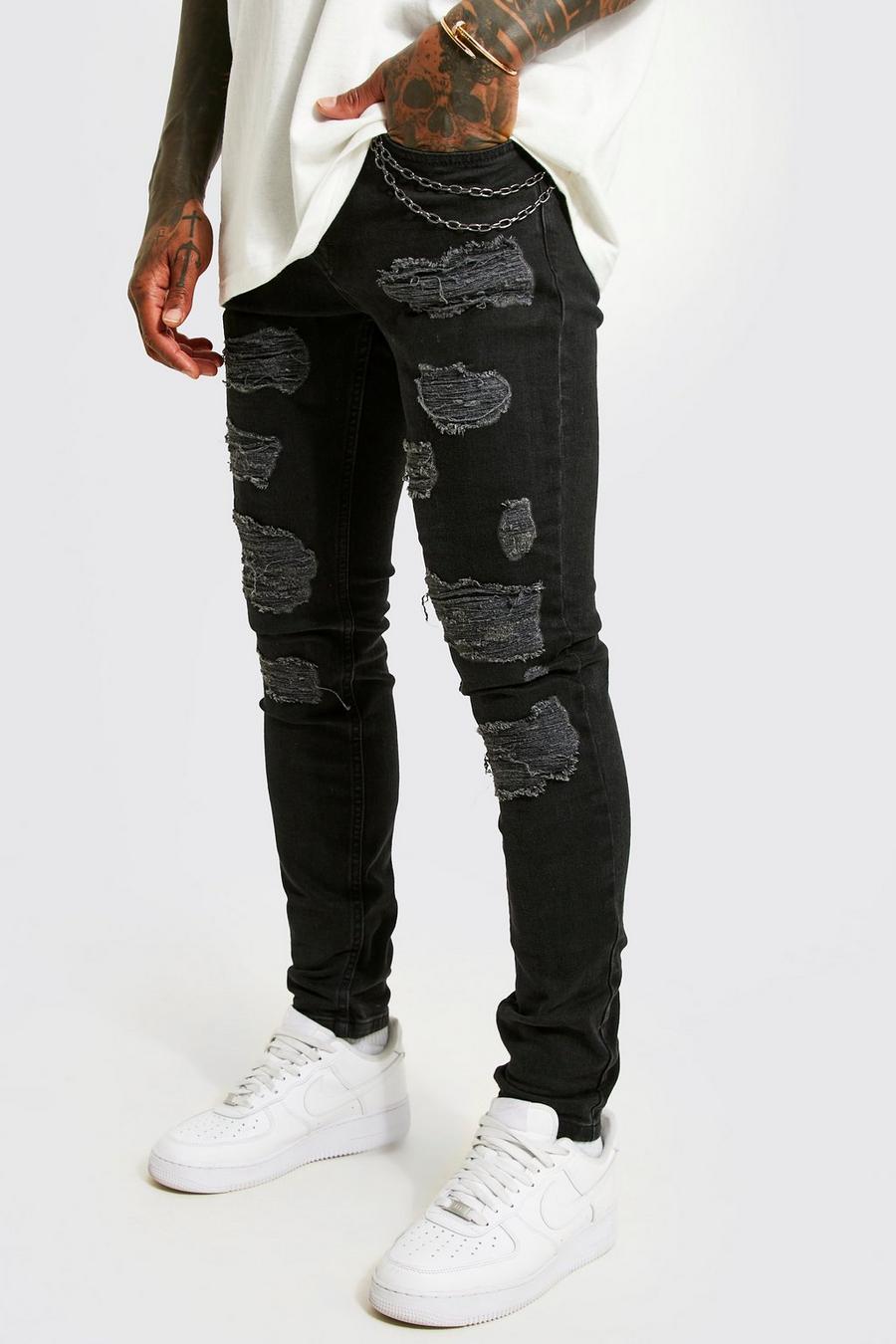 True black Super skinny jeans med slitage och kedja image number 1