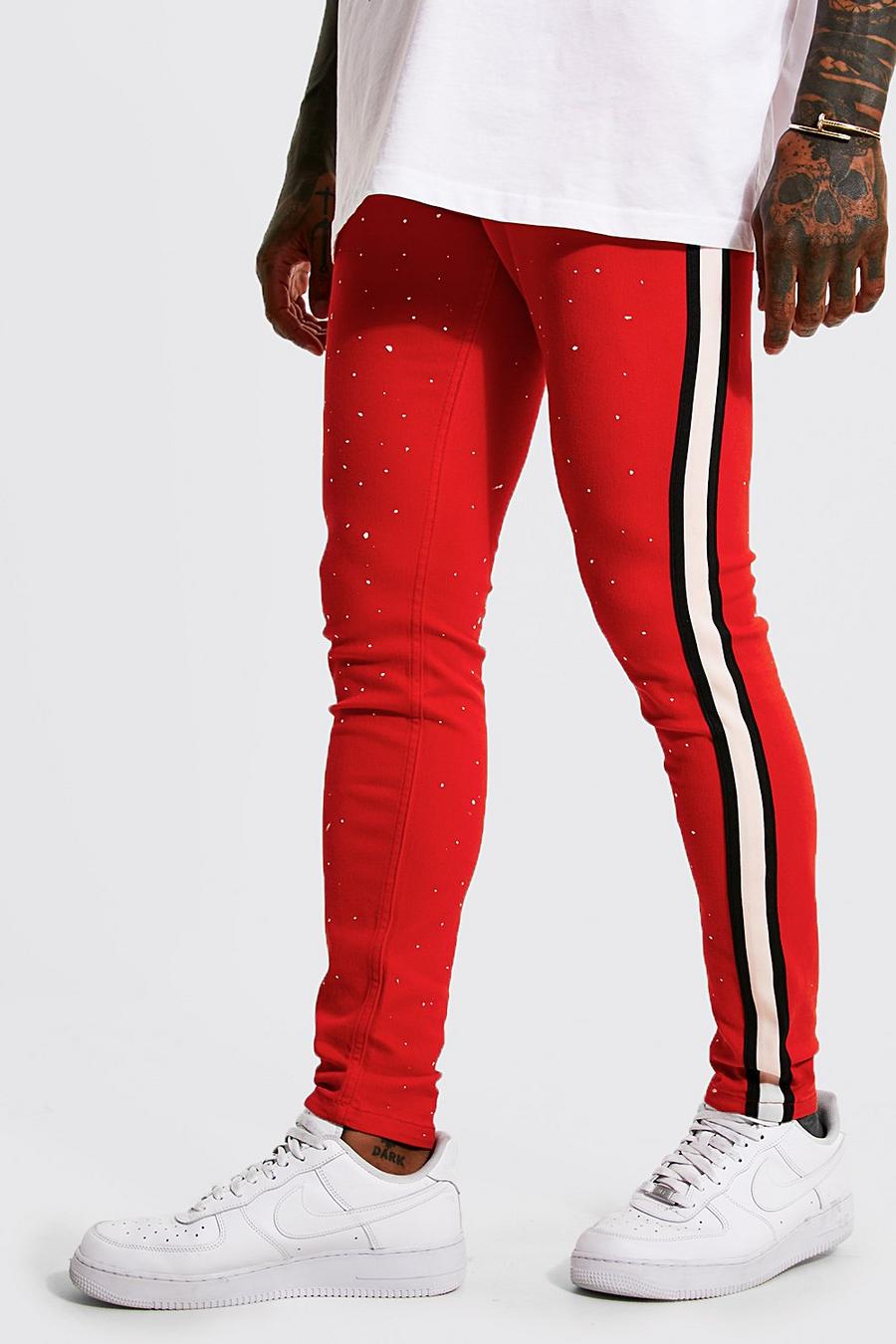 אדום ג'ינס סופר סקיני עם קרעים בברכיים ופסים בצד image number 1