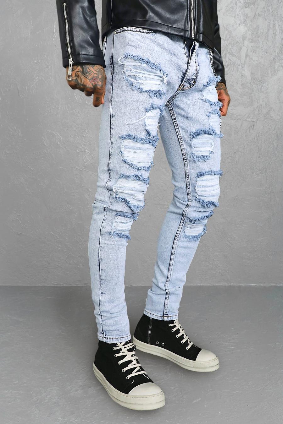 Ice blue Super skinny jeans med slitage och kedja image number 1