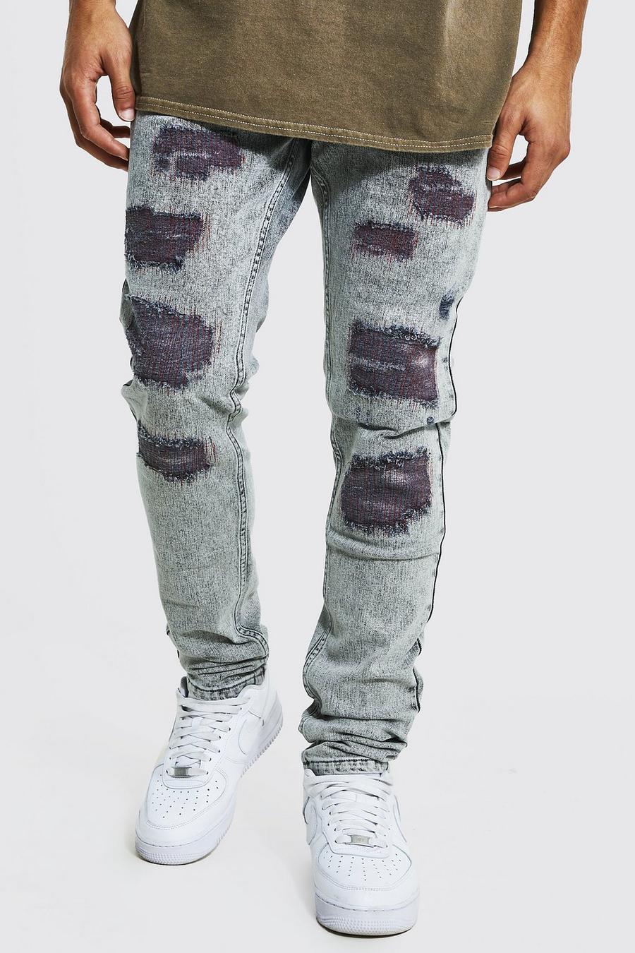 Ice grey Slitna skinny jeans med lagningar image number 1
