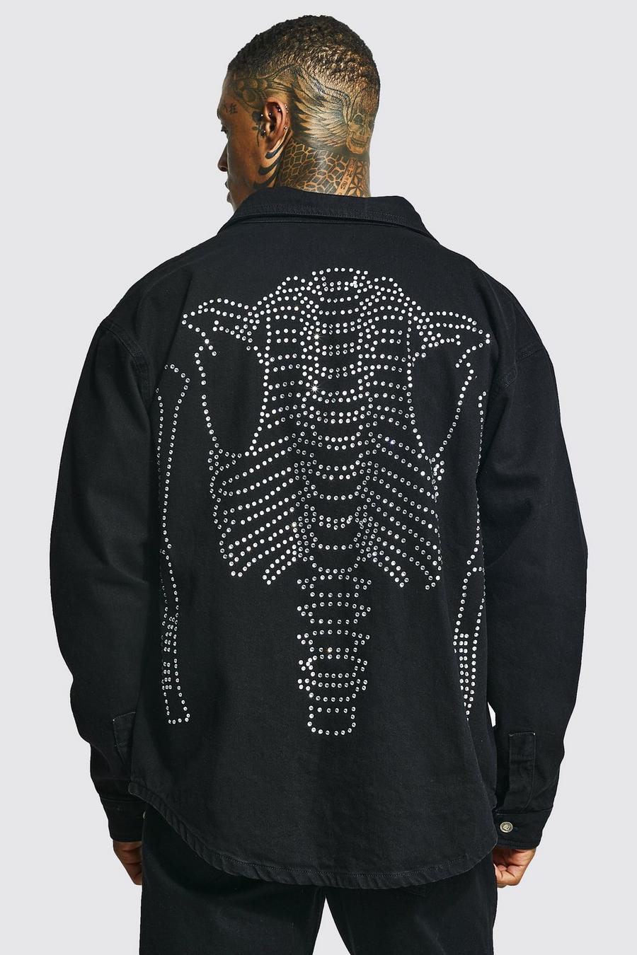 Jeans-Overshirt mit Skelett-Print, True black image number 1
