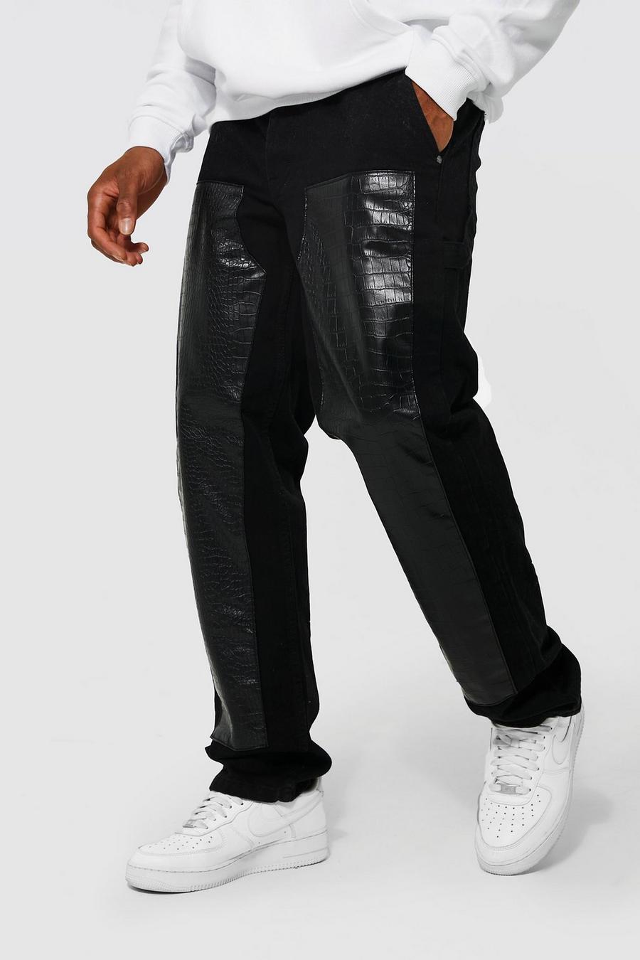 שחור אמיתי ג'ינס פועלים בגזרה משוחררת מפוליאוריתן עם אפקט עור תנין image number 1