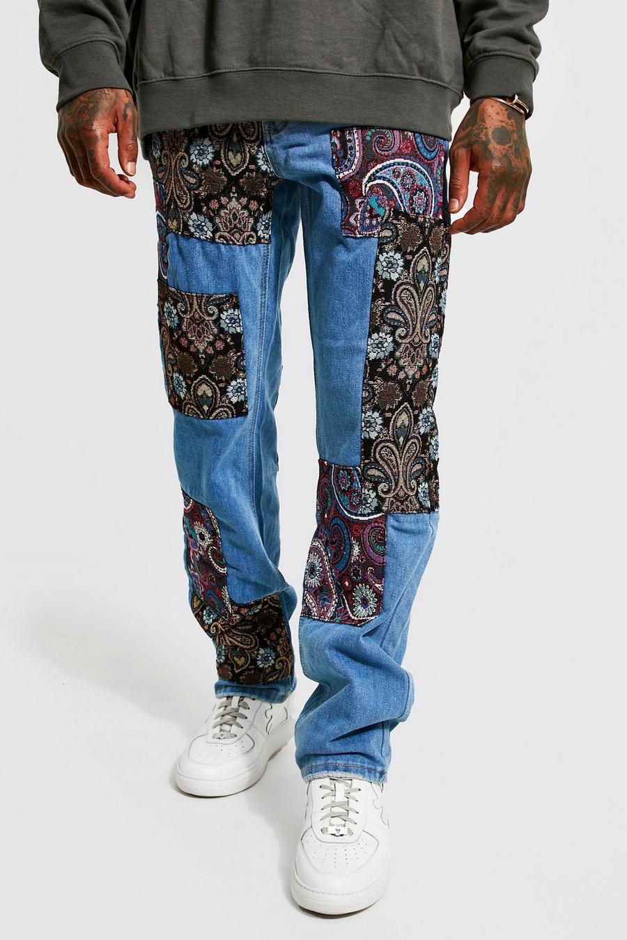 Light blue bleu Relaxed Fit Patchwork Tapestry Jeans