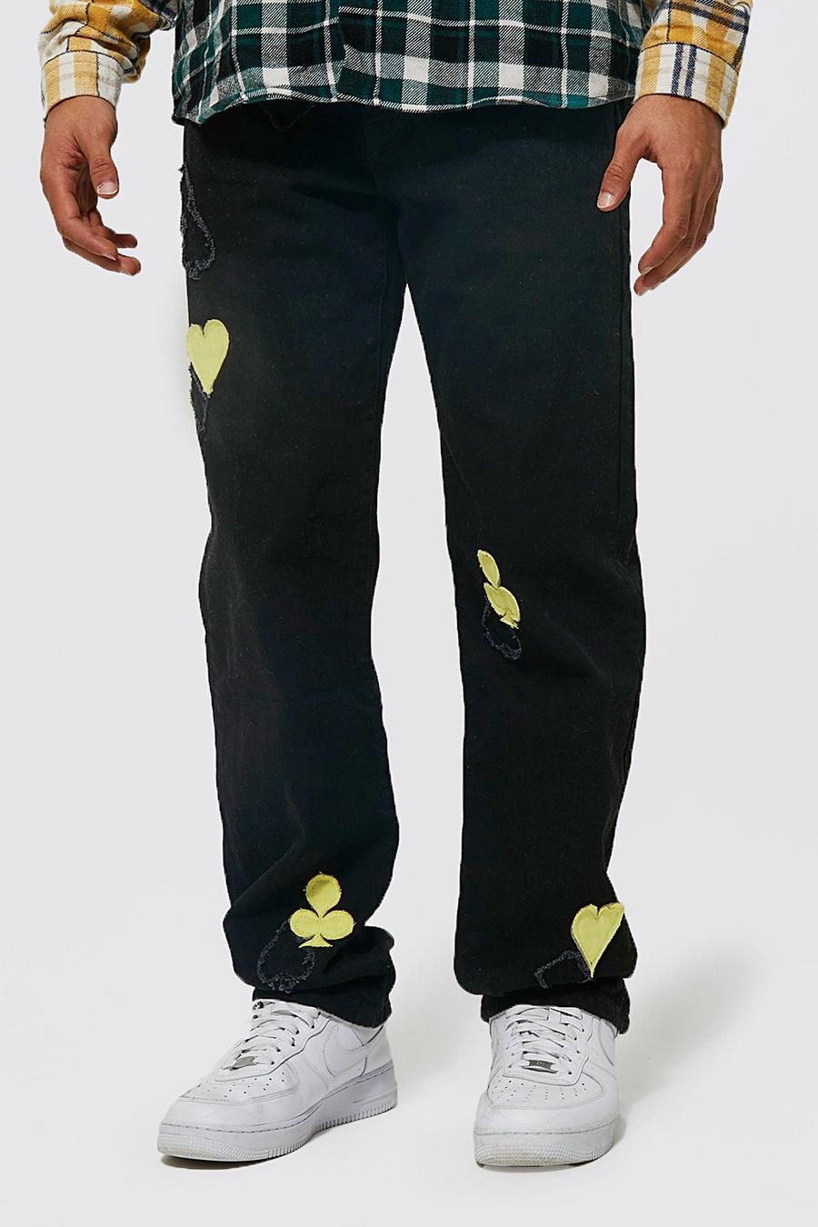 True black Jeans i rigid denim med ledig passform och applikationer image number 1