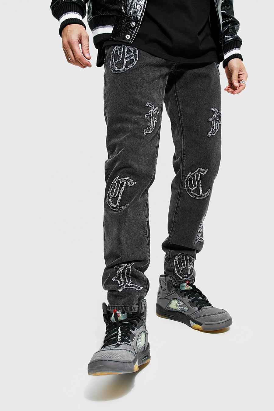Official patchwork Jeans mit geradem Bein, Charcoal image number 1