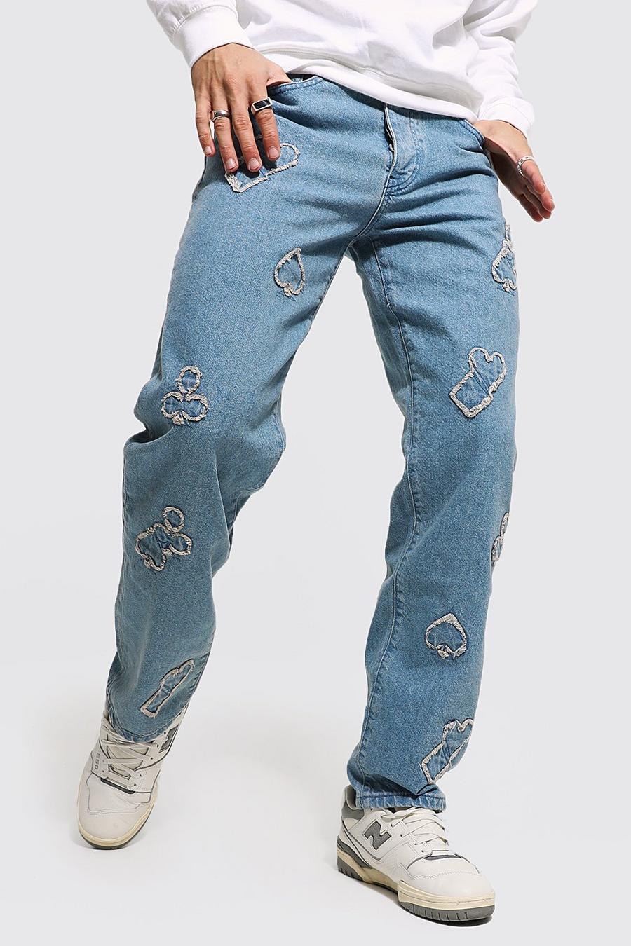 Antique blue Jeans i rigid denim med ledig passform och applikationer image number 1