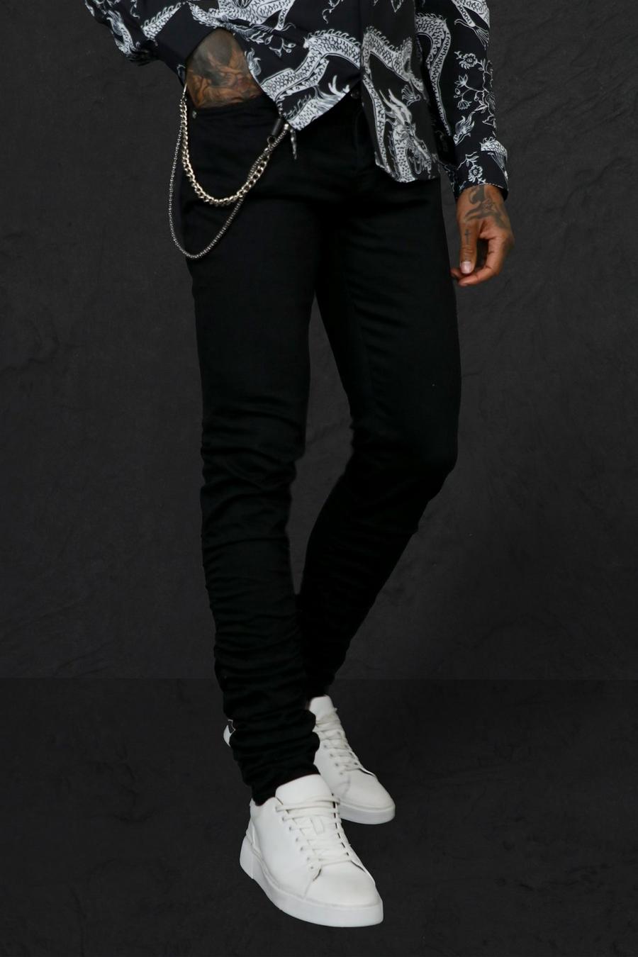 שחור אמיתי סקיני ג'ינס נמתח עם כיווצים ועיטור שרשרת image number 1
