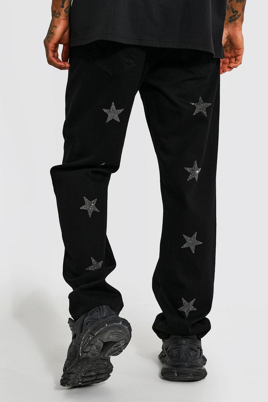 שחור אמיתי ג'ינס בגזרה רגילה עם הדפס כוכב ואבנים נוצצות image number 1