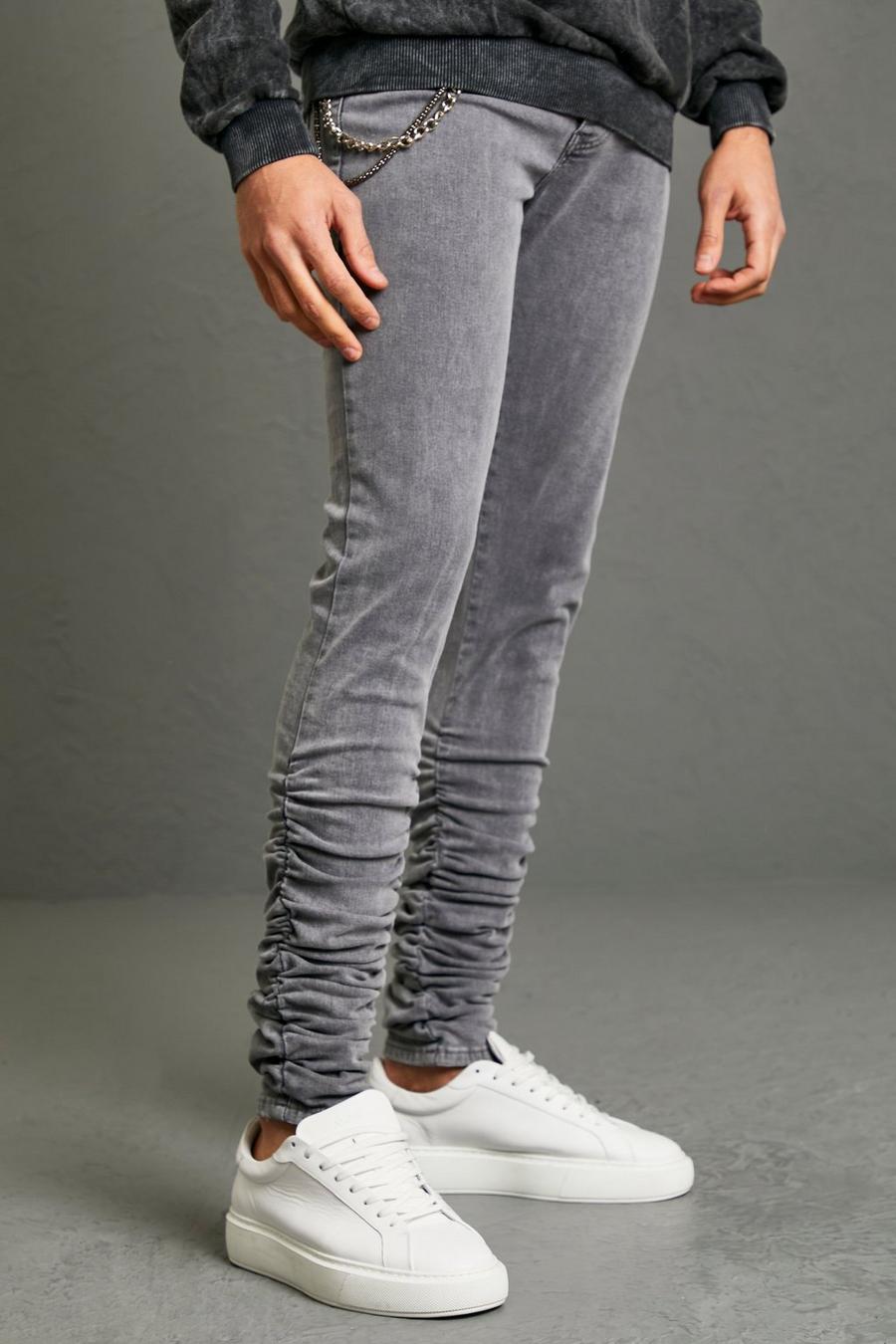 Mid grey Skinny jeans med rynkade detaljer och kedja image number 1
