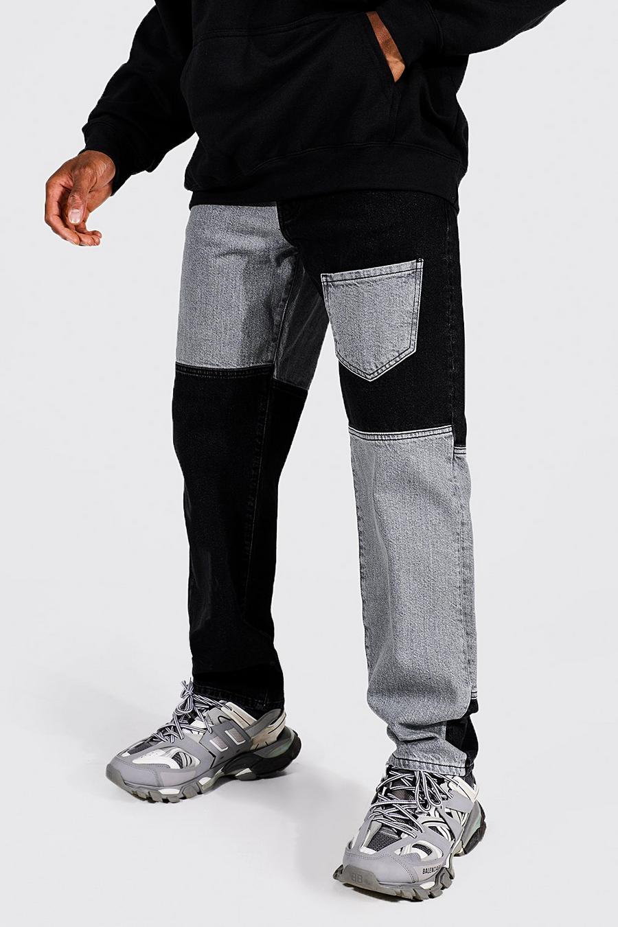 שחור אמיתי ג'ינס בגזרה משוחררת עם טלאים בצבעים מנוגדים image number 1