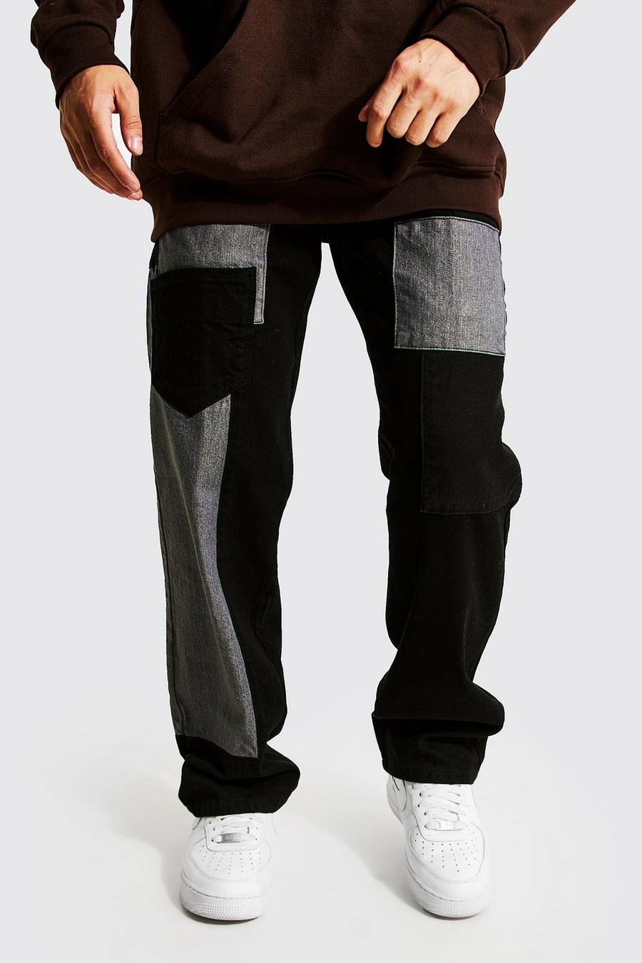שחור אמיתי ג'ינס מבד קשיח בגזרה משוחררת עם טלאים image number 1