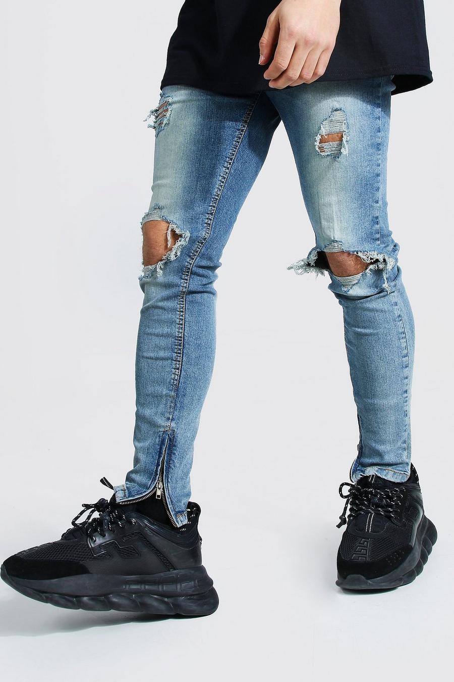Light blue blau Skinny Stretch Exploded Knee Ripped Jeans image number 1