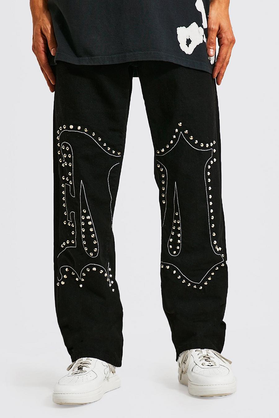 True black Relaxed Fit Rigid Stud Applique Jeans image number 1