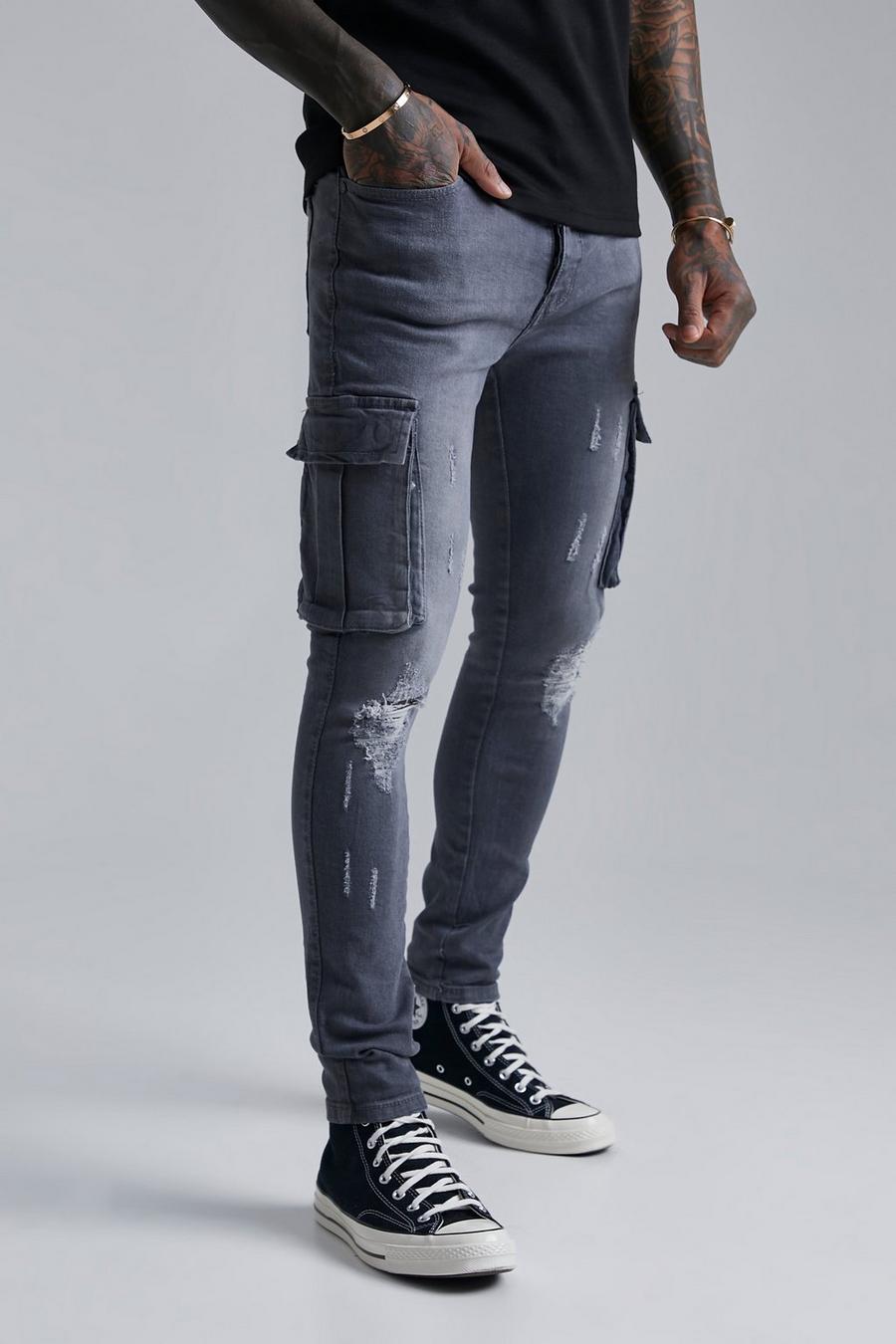 Dark grey grå Super Skinny Cargo Jeans With Knee Rips image number 1