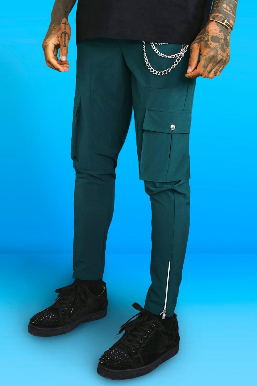 Green מכנסי דגמ"ח נמתח בגזרה צרה עם שרשראות וכיסי תלת-ממד image number 1