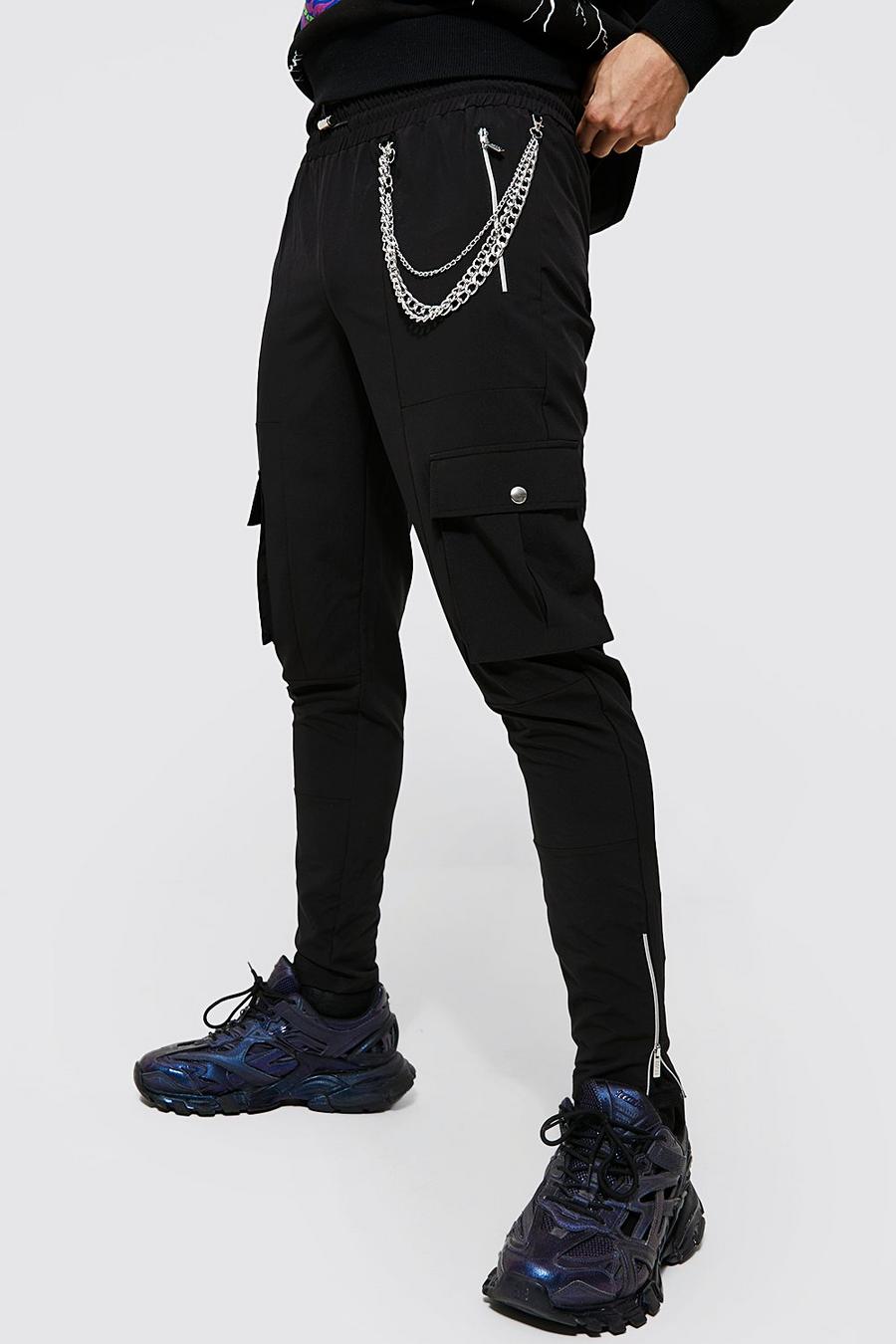 Pantaloni Slim Fit in Stretch con catene e tasche Cargo in rilievo, Black negro