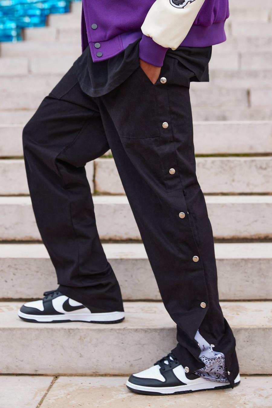 Black Relaxed Fit Bandana Panel Popper Trousers image number 1