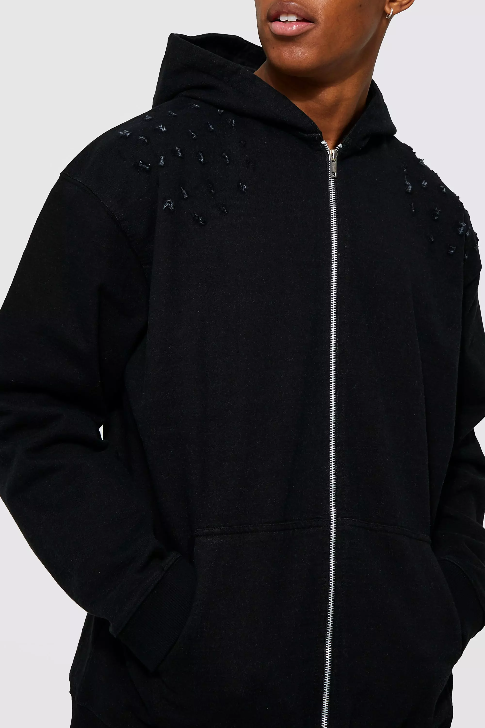 Distressed zip store up hoodie