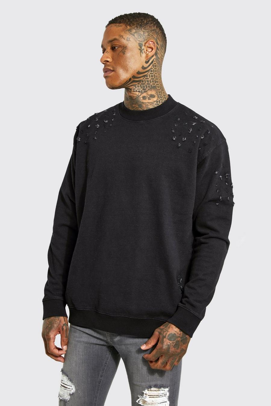 Black Oversized Distressed Sweatshirt