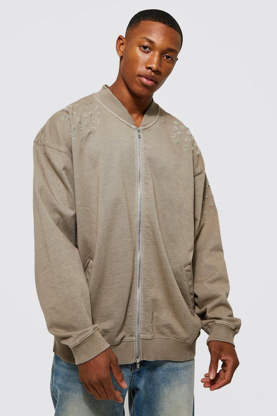 Stone Oversized Man Heavy Distressed Jersey Bomber image number 1