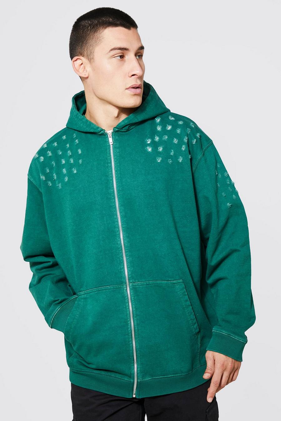 Dark green grön Oversize hoodie med slitage och dragkedja
