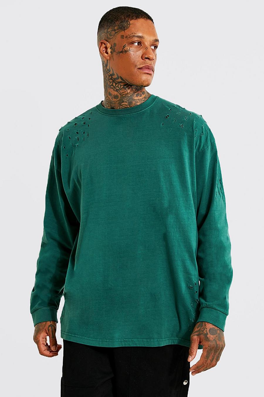 Dark green Oversized Long Sleeve Distressed T-shirt image number 1