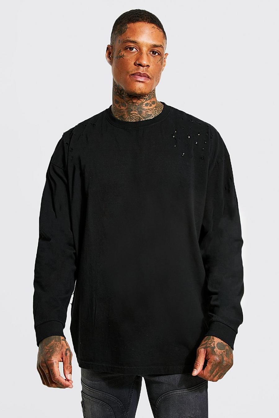 Langärmliges zerrissenes Oversize T-Shirt, Black schwarz image number 1