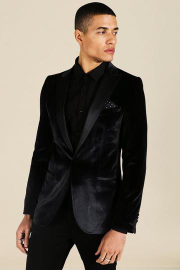 Skinny Velour Satin Lapel Single Breasted Blazer black