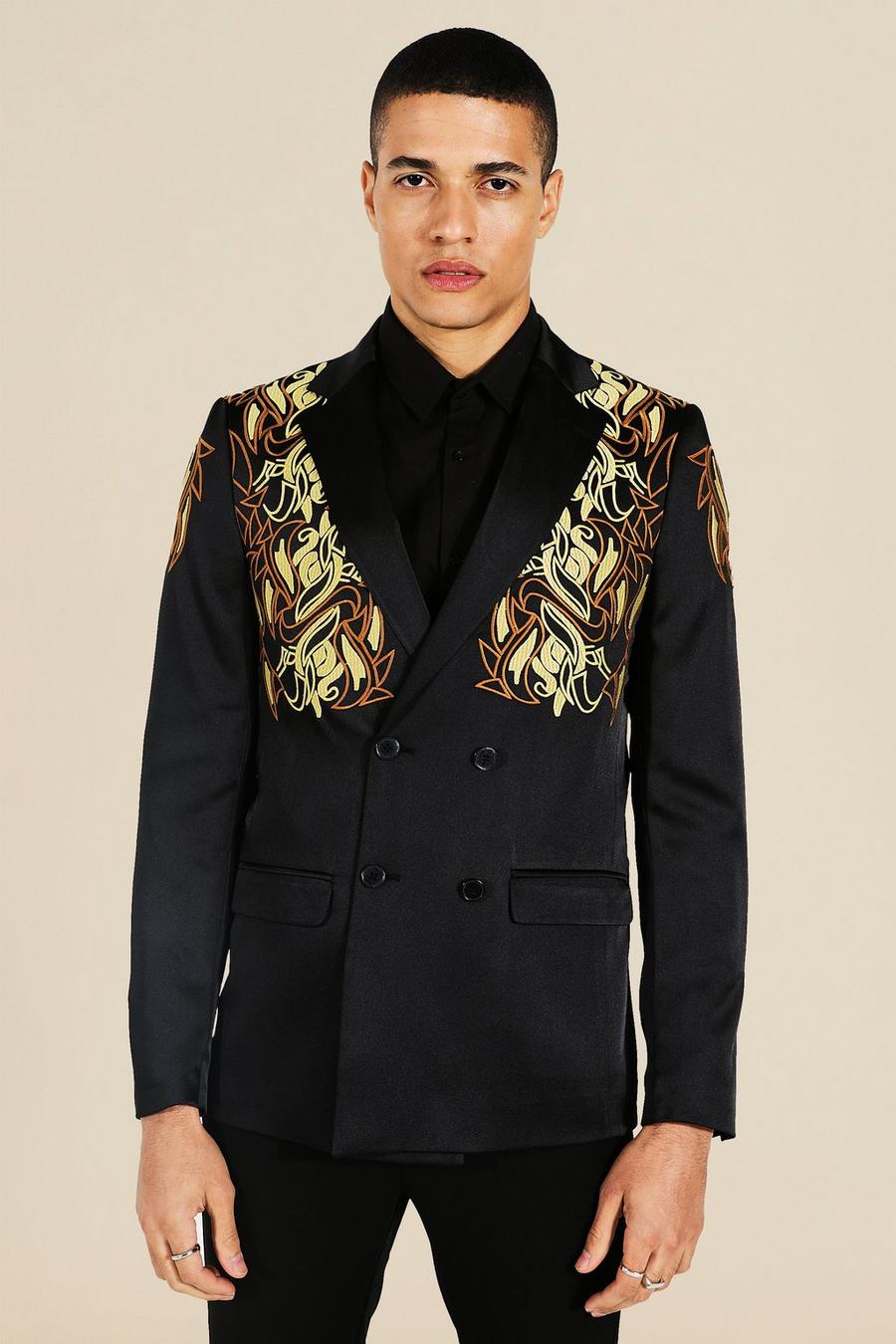 Black Slim Satin Embroidered Double Breasted Blazer
